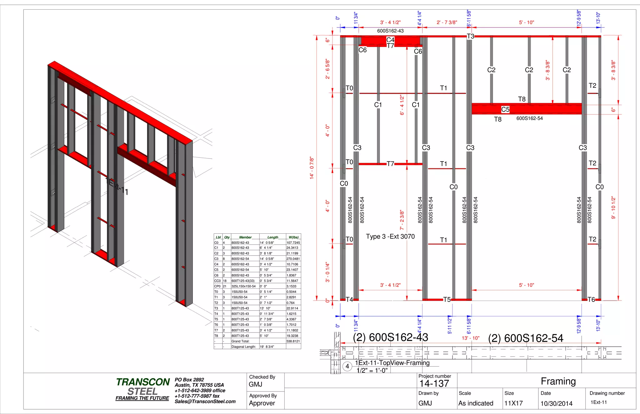 (2) 600S162-54(2) 600S162-430"0"
113/4"113/4"
4'-41/4"
6'-115/8"
12'-95/8"
13'-10"
0"3'-01/4"4'-0"4'-0"2'-65/8"6"
0"
113/4"
4'-41/4"
6'-115/8"
12'-95/8"
13'-10"
0"
13'-10"
14'-07/8"
7'-23/8"
T4
T3
C0
T0
T0
T0
C3
C4C4
T7
T7
C6
C1 C1
C6
T5
C3
T1
T1
T1
C0
C3
C5
T8
T8
C2 C2 C2
T6
C3
T2
T2
T2
C0
Type 3 -Ext 3070
3' - 4 1/2" 5' - 10"
600S162-54
800S162-54
800S162-54
800S162-54
800S162-54
800S162-54
800S162-54
800S162-54
800S162-54
600S162-43
3' - 4 1/2" 5' - 10"
6'-41/2"
3'-83/8"
3'-83/8"6"9'-101/2"
0"
5'-111/2"
2' - 7 3/8"
Lbl Qty Member Length W(lbs)
C0 4 800S162-43 14' 0 5/8" 107.7245
C1 2 800S162-43 6' 4 1/4" 24.3413
C2 3 800S162-43 3' 8 1/8" 21.1199
C3 8 800S162-54 14' 0 5/8" 270.0481
C4 2 600S162-43 3' 4 1/2" 10.7106
C5 2 600S162-54 5' 10" 23.1407
C6 2 800S162-43 0' 5 3/4" 1.8367
CC0 18 600T125-43(33) 0' 5 3/4" 11.5647
CP0 21 325L150x150-54 0' 0" 3.1533
T0 3 150U50-54 0' 5 1/4" 0.5044
T1 3 150U50-54 2' 1" 2.8291
T2 3 150U50-54 0' 7 1/2" 0.764
T3 1 800T125-43 13' 10" 22.9114
T4 1 800T125-43 0' 11 3/4" 1.6215
T5 1 800T125-43 2' 7 3/8" 4.3367
T6 1 800T125-43 1' 0 3/8" 1.7012
T7 2 800T125-43 3' 4 1/2" 11.1802
T8 2 800T125-43 5' 10" 19.3238
- - Grand Total: 538.8121
- - Diagonal Length: 19' 8 3/4"
13' - 10"
Scale
Project number
DateDrawn by Size
11X17
TRANSCON
Drawing number
Checked By
STEEL
FRAMING THE FUTURE
PO Box 2892
Austin, TX 78755 USA
+1-512-642-3989 office
+1-512-777-5987 fax
Sales@TransconSteel.com
Approved By
As indicated 1Ext-11
Framing14-137
10/30/2014GMJ
GMJ
Approver
1/2" = 1'-0"
4
1Ext-11-TopView-Framing
 