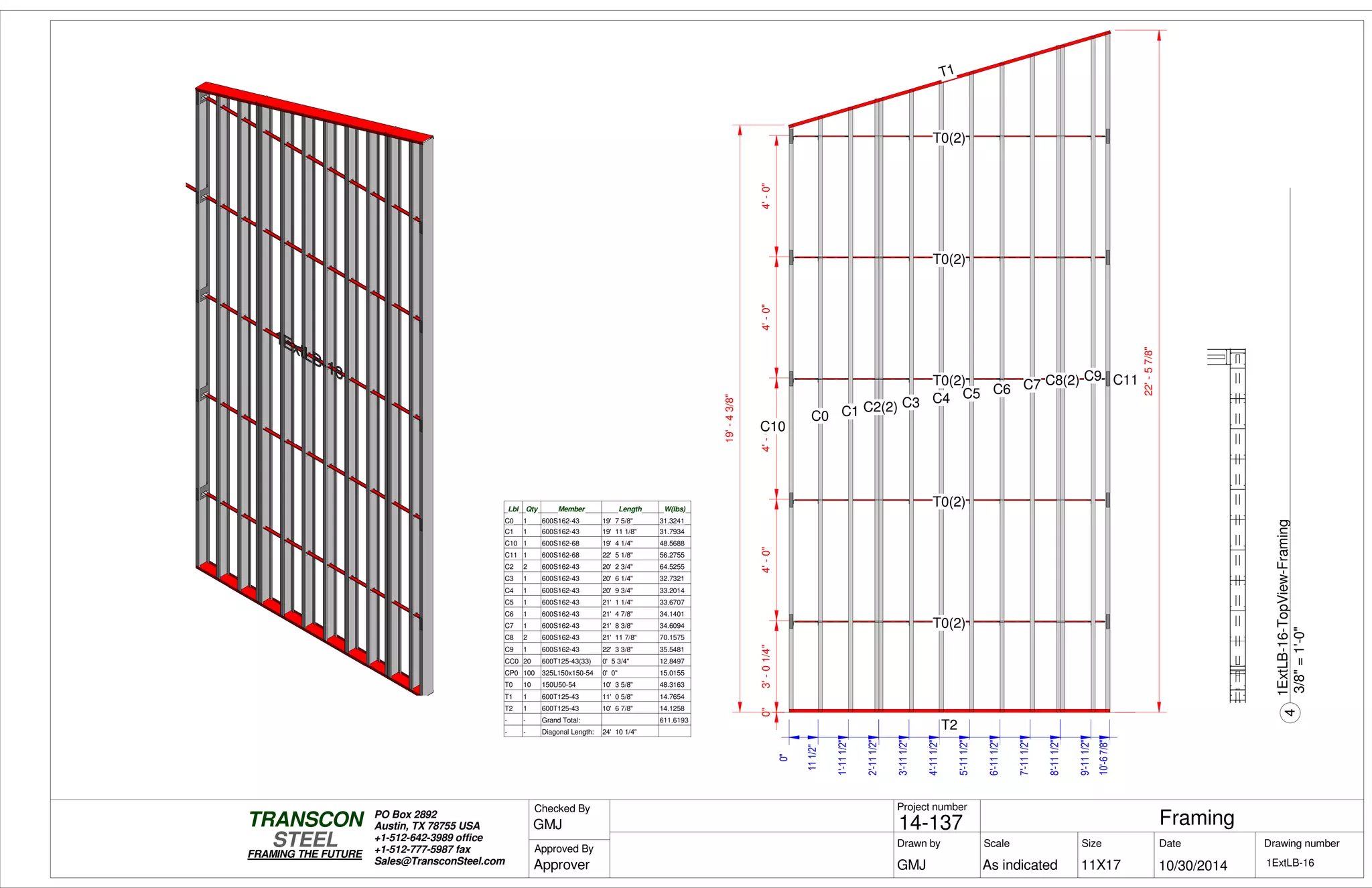 0"
111/2"
1'-111/2"
2'-111/2"2'-111/2"
3'-111/2"
4'-111/2"
5'-111/2"
6'-111/2"
7'-111/2"
8'-111/2"8'-111/2"
9'-111/2"
10'-67/8"
0"3'-01/4"4'-0"4'-0"4'-0"4'-0"
T1
T2
C10
C0 C1
C3 C4 C5 C6 C7
C9 C11
T0(2)
T0(2)
T0(2)
T0(2)
T0(2)
C2(2)
C8(2)
22'-57/8"
19'-43/8"
Lbl Qty Member Length W(lbs)
C0 1 600S162-43 19' 7 5/8" 31.3241
C1 1 600S162-43 19' 11 1/8" 31.7934
C10 1 600S162-68 19' 4 1/4" 48.5688
C11 1 600S162-68 22' 5 1/8" 56.2755
C2 2 600S162-43 20' 2 3/4" 64.5255
C3 1 600S162-43 20' 6 1/4" 32.7321
C4 1 600S162-43 20' 9 3/4" 33.2014
C5 1 600S162-43 21' 1 1/4" 33.6707
C6 1 600S162-43 21' 4 7/8" 34.1401
C7 1 600S162-43 21' 8 3/8" 34.6094
C8 2 600S162-43 21' 11 7/8" 70.1575
C9 1 600S162-43 22' 3 3/8" 35.5481
CC0 20 600T125-43(33) 0' 5 3/4" 12.8497
CP0 100 325L150x150-54 0' 0" 15.0155
T0 10 150U50-54 10' 3 5/8" 48.3163
T1 1 600T125-43 11' 0 5/8" 14.7654
T2 1 600T125-43 10' 6 7/8" 14.1258
- - Grand Total: 611.6193
- - Diagonal Length: 24' 10 1/4"
Scale
Project number
DateDrawn by Size
11X17
TRANSCON
Drawing number
Checked By
STEEL
FRAMING THE FUTURE
PO Box 2892
Austin, TX 78755 USA
+1-512-642-3989 office
+1-512-777-5987 fax
Sales@TransconSteel.com
Approved By
As indicated 1ExtLB-16
Framing14-137
10/30/2014GMJ
GMJ
Approver
3/8"=1'-0"
4
1ExtLB-16-TopView-Framing
 