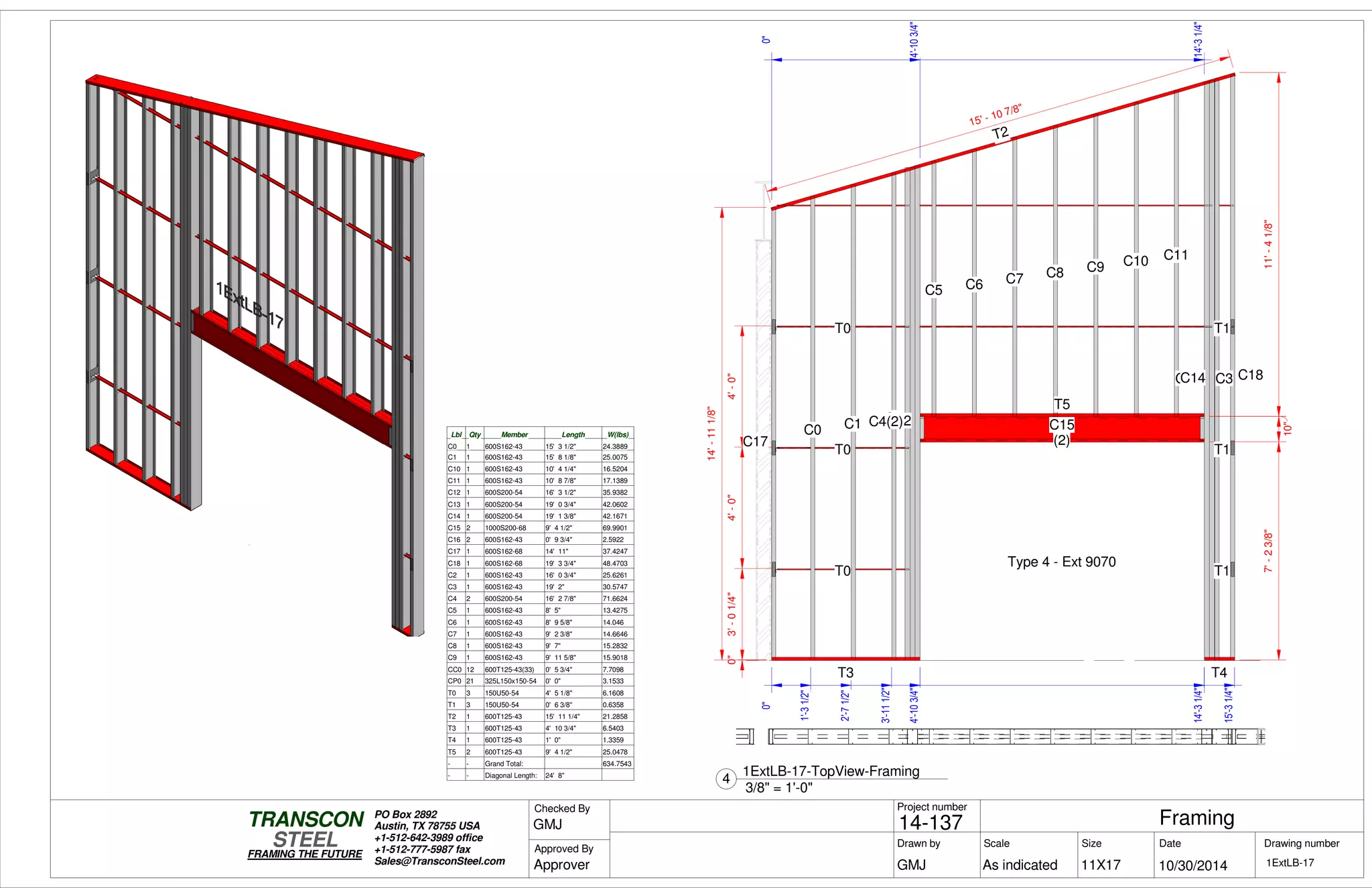 0"
1'-31/2"
2'-71/2"
3'-111/2"
4'-103/4"4'-103/4"
14'-31/4"14'-31/4"
15'-31/4"
0"3'-01/4"4'-0"4'-0"
7'-23/8"
10"0"
11'-41/8"
0"
4'-103/4"
14'-31/4"
T2
T3
C17
T0
T0
T0
C0 C1 C2C12 C15
(2)
T5
C5 C6 C7 C8 C9 C10 C11
T4
C13C14
T1
T1
T1
C3 C18
C4(2)
Type 4 - Ext 9070
15' - 10 7/8"
14'-111/8"
Lbl Qty Member Length W(lbs)
C0 1 600S162-43 15' 3 1/2" 24.3889
C1 1 600S162-43 15' 8 1/8" 25.0075
C10 1 600S162-43 10' 4 1/4" 16.5204
C11 1 600S162-43 10' 8 7/8" 17.1389
C12 1 600S200-54 16' 3 1/2" 35.9382
C13 1 600S200-54 19' 0 3/4" 42.0602
C14 1 600S200-54 19' 1 3/8" 42.1671
C15 2 1000S200-68 9' 4 1/2" 69.9901
C16 2 600S162-43 0' 9 3/4" 2.5922
C17 1 600S162-68 14' 11" 37.4247
C18 1 600S162-68 19' 3 3/4" 48.4703
C2 1 600S162-43 16' 0 3/4" 25.6261
C3 1 600S162-43 19' 2" 30.5747
C4 2 600S200-54 16' 2 7/8" 71.6624
C5 1 600S162-43 8' 5" 13.4275
C6 1 600S162-43 8' 9 5/8" 14.046
C7 1 600S162-43 9' 2 3/8" 14.6646
C8 1 600S162-43 9' 7" 15.2832
C9 1 600S162-43 9' 11 5/8" 15.9018
CC0 12 600T125-43(33) 0' 5 3/4" 7.7098
CP0 21 325L150x150-54 0' 0" 3.1533
T0 3 150U50-54 4' 5 1/8" 6.1608
T1 3 150U50-54 0' 6 3/8" 0.6358
T2 1 600T125-43 15' 11 1/4" 21.2858
T3 1 600T125-43 4' 10 3/4" 6.5403
T4 1 600T125-43 1' 0" 1.3359
T5 2 600T125-43 9' 4 1/2" 25.0478
- - Grand Total: 634.7543
- - Diagonal Length: 24' 8"
Scale
Project number
DateDrawn by Size
11X17
TRANSCON
Drawing number
Checked By
STEEL
FRAMING THE FUTURE
PO Box 2892
Austin, TX 78755 USA
+1-512-642-3989 office
+1-512-777-5987 fax
Sales@TransconSteel.com
Approved By
As indicated 1ExtLB-17
Framing14-137
10/30/2014GMJ
GMJ
Approver
3/8" = 1'-0"
4
1ExtLB-17-TopView-Framing
 