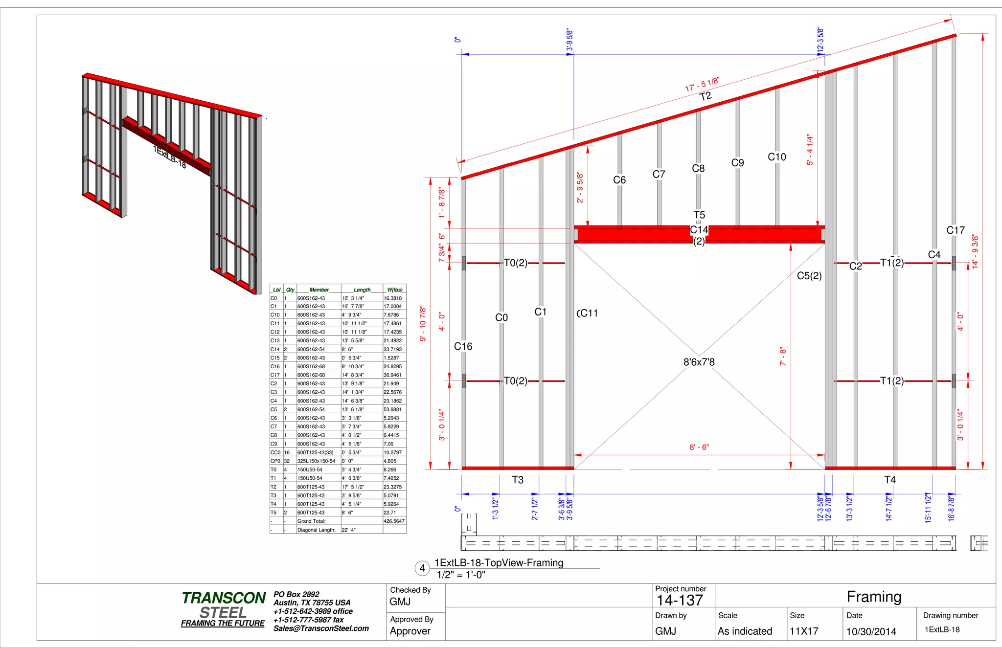 0"
1'-31/2"
2'-71/2"
3'-63/8"
3'-95/8"
12'-35/8"
12'-67/8"12'-67/8"
13'-31/2"
14'-71/2"
15'-111/2"
16'-87/8"
3'-01/4"4'-0"73/4"6"1'-87/8"
3'-01/4"4'-0"
0"
3'-95/8"
12'-35/8"
T2
T3
C16
C0
C1 C12C11
C14
(2)
T5
C6
C7
C8
C9
C10
T4
C13
C2
C3
C4
C17
T0(2)
T0(2)
C5(2)
T1(2)
T1(2)
8'6x7'8
9'-107/8"
8' - 6"
7'-8"
2'-95/8"
5'-41/4"
17' - 5 1/8"
14'-93/8"
Lbl Qty Member Length W(lbs)
C0 1 600S162-43 10' 3 1/4" 16.3818
C1 1 600S162-43 10' 7 7/8" 17.0004
C10 1 600S162-43 4' 9 3/4" 7.6786
C11 1 600S162-43 10' 11 1/2" 17.4861
C12 1 600S162-43 10' 11 1/8" 17.4235
C13 1 600S162-43 13' 5 5/8" 21.4922
C14 2 600S162-54 8' 6" 33.7193
C15 2 600S162-43 0' 5 3/4" 1.5287
C16 1 600S162-68 9' 10 3/4" 24.8295
C17 1 600S162-68 14' 8 3/4" 36.9461
C2 1 600S162-43 13' 9 1/8" 21.949
C3 1 600S162-43 14' 1 3/4" 22.5676
C4 1 600S162-43 14' 6 3/8" 23.1862
C5 2 600S162-54 13' 6 1/8" 53.9881
C6 1 600S162-43 3' 3 1/8" 5.2043
C7 1 600S162-43 3' 7 3/4" 5.8229
C8 1 600S162-43 4' 0 1/2" 6.4415
C9 1 600S162-43 4' 5 1/8" 7.06
CC0 16 600T125-43(33) 0' 5 3/4" 10.2797
CP0 32 325L150x150-54 0' 0" 4.805
T0 4 150U50-54 3' 4 3/4" 6.266
T1 4 150U50-54 4' 0 3/8" 7.4652
T2 1 600T125-43 17' 5 1/2" 23.3275
T3 1 600T125-43 3' 9 5/8" 5.0791
T4 1 600T125-43 4' 5 1/4" 5.9264
T5 2 600T125-43 8' 6" 22.71
- - Grand Total: 426.5647
- - Diagonal Length: 22' 4"
Scale
Project number
DateDrawn by Size
11X17
TRANSCON
Drawing number
Checked By
STEEL
FRAMING THE FUTURE
PO Box 2892
Austin, TX 78755 USA
+1-512-642-3989 office
+1-512-777-5987 fax
Sales@TransconSteel.com
Approved By
As indicated 1ExtLB-18
Framing14-137
10/30/2014GMJ
GMJ
Approver
1/2" = 1'-0"
4
1ExtLB-18-TopView-Framing
 