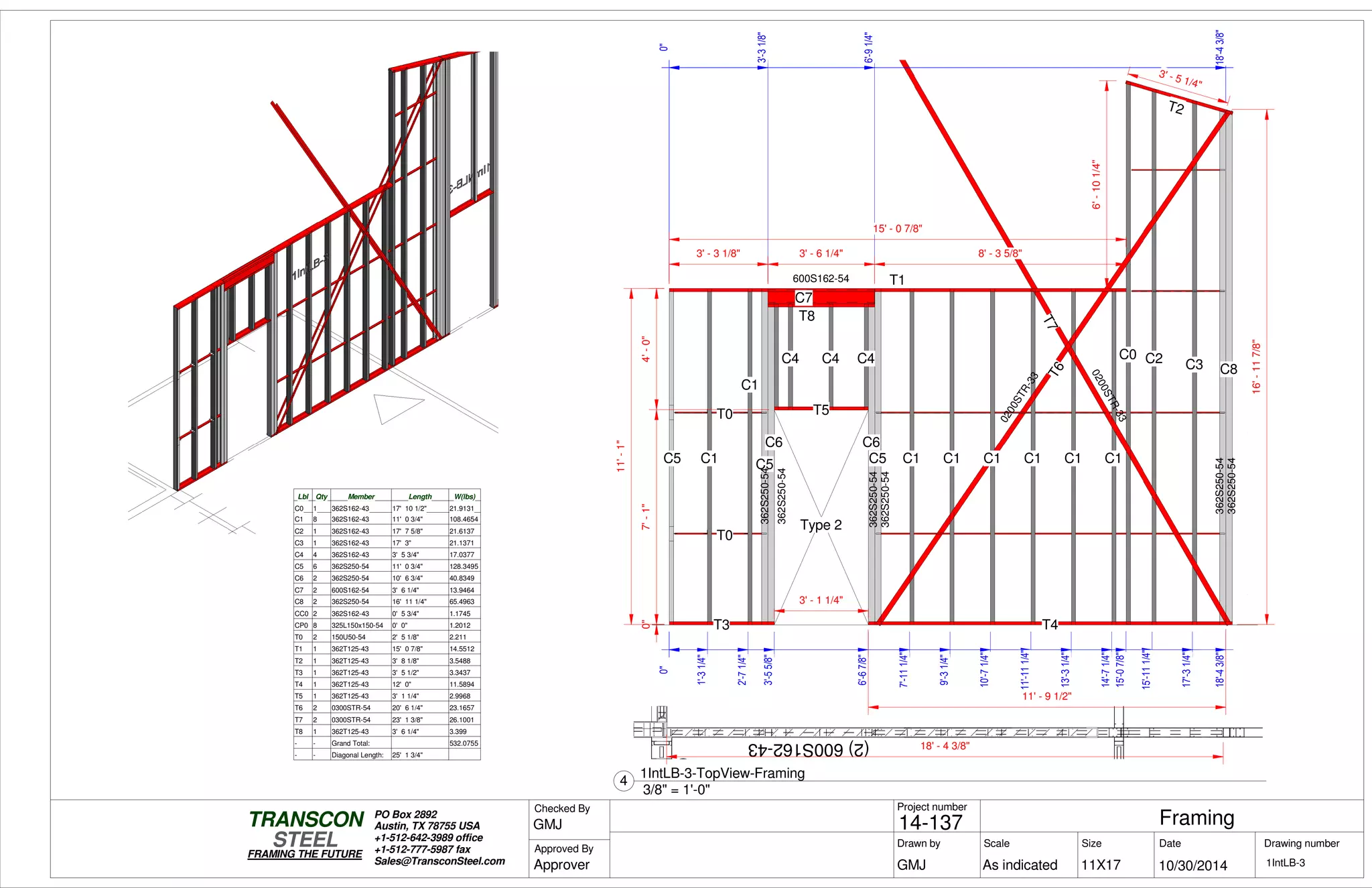 (2)600S162-43
(2)600S162-43
0"
3'-55/8"
6'-67/8"
18'-43/8"
0"7'-1"4'-0"
16'-117/8"
0"
3'-31/8"
6'-91/4"
18'-43/8"
0"
18'-43/8"
11'-1" T3
T1
C5
T0
T0
C1
C1
C5
C7
T8
C6
T5
C4 C4 C4
T4
C6
T6
T7
T6
T7
C5 C1 C1 C1 C1 C1 C1
T2
C0 C2 C3 C8
Type 2
362S250-54
362S250-54
0200STR-33
0200STR-33
362S250-54
362S250-54
600S162-54
362S250-54
362S250-54
0"
1'-31/4"
2'-71/4"
7'-111/4"
9'-31/4"
10'-71/4"
11'-111/4"
13'-31/4"
14'-71/4"
15'-07/8"
15'-111/4"
17'-31/4"
11' - 9 1/2"
3' - 1 1/4"
15' - 0 7/8"
6'-101/4"
3' - 5 1/4"
3' - 6 1/4"3' - 3 1/8" 8' - 3 5/8"
Lbl Qty Member Length W(lbs)
C0 1 362S162-43 17' 10 1/2" 21.9131
C1 8 362S162-43 11' 0 3/4" 108.4654
C2 1 362S162-43 17' 7 5/8" 21.6137
C3 1 362S162-43 17' 3" 21.1371
C4 4 362S162-43 3' 5 3/4" 17.0377
C5 6 362S250-54 11' 0 3/4" 128.3495
C6 2 362S250-54 10' 6 3/4" 40.8349
C7 2 600S162-54 3' 6 1/4" 13.9464
C8 2 362S250-54 16' 11 1/4" 65.4963
CC0 2 362S162-43 0' 5 3/4" 1.1745
CP0 8 325L150x150-54 0' 0" 1.2012
T0 2 150U50-54 2' 5 1/8" 2.211
T1 1 362T125-43 15' 0 7/8" 14.5512
T2 1 362T125-43 3' 8 1/8" 3.5488
T3 1 362T125-43 3' 5 1/2" 3.3437
T4 1 362T125-43 12' 0" 11.5894
T5 1 362T125-43 3' 1 1/4" 2.9968
T6 2 0300STR-54 20' 6 1/4" 23.1657
T7 2 0300STR-54 23' 1 3/8" 26.1001
T8 1 362T125-43 3' 6 1/4" 3.399
- - Grand Total: 532.0755
- - Diagonal Length: 25' 1 3/4"
18' - 4 3/8"
Scale
Project number
DateDrawn by Size
11X17
TRANSCON
Drawing number
Checked By
STEEL
FRAMING THE FUTURE
PO Box 2892
Austin, TX 78755 USA
+1-512-642-3989 office
+1-512-777-5987 fax
Sales@TransconSteel.com
Approved By
As indicated 1IntLB-3
Framing14-137
10/30/2014GMJ
GMJ
Approver
3/8" = 1'-0"
4
1IntLB-3-TopView-Framing
 