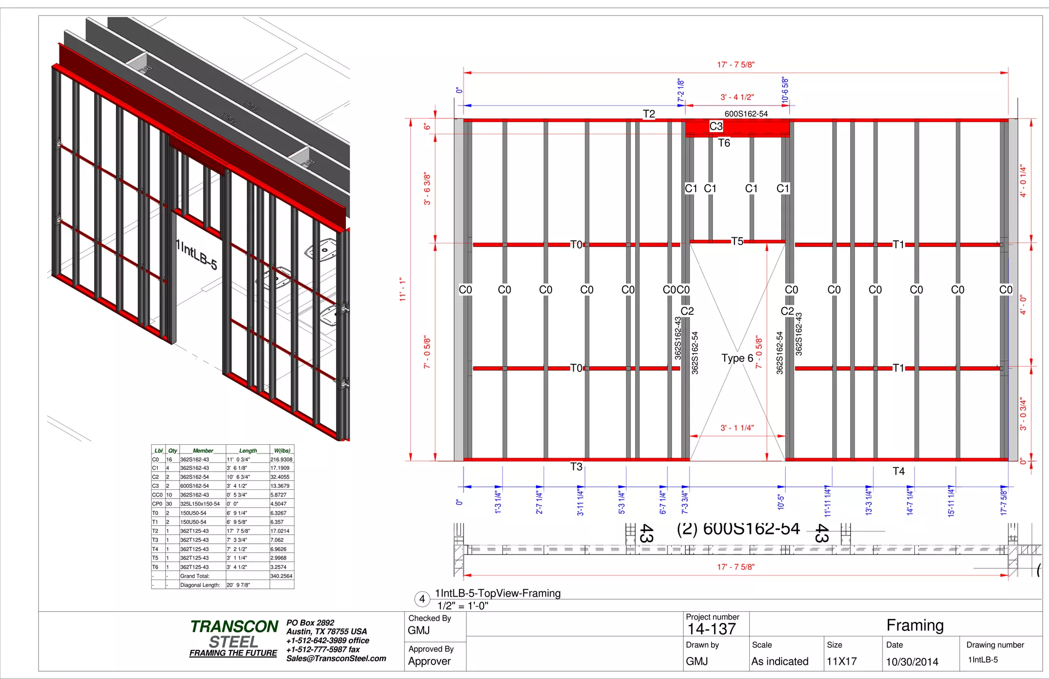 (2) 600S162-54
(2)600S162-43
(2)600S162-43
(2
0"
7'-33/4"
10'-5"
17'-75/8"
0"3'-03/4"4'-0"4'-01/4"
0"
7'-21/8"
10'-65/8"
11'-1"
T3
T2
C0
T0
T0
C0 C0 C0 C0 C0C0
C3
T6
C2
T5
C1 C1 C1 C1
T4
C2
C0
T1
T1
C0 C0 C0 C0 C0
Type 6
600S162-54
3' - 4 1/2"
3' - 1 1/4"6"3'-63/8"7'-05/8"
0"
1'-31/4"
2'-71/4"
3'-111/4"
5'-31/4"
6'-71/4"
11'-111/4"
13'-31/4"
14'-71/4"
15'-111/4"
17' - 7 5/8"
362S162-54
362S162-43
362S162-54
362S162-43
7'-05/8"
Lbl Qty Member Length W(lbs)
C0 16 362S162-43 11' 0 3/4" 216.9308
C1 4 362S162-43 3' 6 1/8" 17.1909
C2 2 362S162-54 10' 6 3/4" 32.4055
C3 2 600S162-54 3' 4 1/2" 13.3679
CC0 10 362S162-43 0' 5 3/4" 5.8727
CP0 30 325L150x150-54 0' 0" 4.5047
T0 2 150U50-54 6' 9 1/4" 6.3267
T1 2 150U50-54 6' 9 5/8" 6.357
T2 1 362T125-43 17' 7 5/8" 17.0214
T3 1 362T125-43 7' 3 3/4" 7.062
T4 1 362T125-43 7' 2 1/2" 6.9626
T5 1 362T125-43 3' 1 1/4" 2.9968
T6 1 362T125-43 3' 4 1/2" 3.2574
- - Grand Total: 340.2564
- - Diagonal Length: 20' 9 7/8"
17' - 7 5/8"
Scale
Project number
DateDrawn by Size
11X17
TRANSCON
Drawing number
Checked By
STEEL
FRAMING THE FUTURE
PO Box 2892
Austin, TX 78755 USA
+1-512-642-3989 office
+1-512-777-5987 fax
Sales@TransconSteel.com
Approved By
As indicated 1IntLB-5
Framing14-137
10/30/2014GMJ
GMJ
Approver
1/2" = 1'-0"
4
1IntLB-5-TopView-Framing
 
