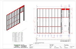 (2)600S162-43
0"
11'-17/8"
14'-31/8"
14'-91/4"
0"3'-03/4"4'-0"
0"7'-1"3'-6"
0"
11'-01/4"
14'-43/4"
14'-91/4"
0"
14'-91/4"
11'-1"
7'-1"
3' - 1 1/4"
T2
T1
C0
T0
T0
C0 C0 C0 C0 C0 C0 C0 C0
C0
C3C3
T5
C2
T4
C1 C1 C1 C1
T3
C2
C0
C0
Type 2
6"
3' - 4 1/2"
0"
1'-31/4"
2'-71/4"
3'-111/4"
5'-31/4"
6'-71/4"
7'-111/4"
9'-31/4"
10'-71/4"
600S162-54
362S162-54
362S162-54
362S162-43
362S162-43
Lbl Qty Member Length W(lbs)
C0 14 362S162-43 11' 0 3/4" 189.8144
C1 4 362S162-43 3' 5 3/4" 17.0377
C2 2 362S162-54 10' 6 3/4" 32.4055
C3 2 600S162-54 3' 4 1/2" 13.3679
CC0 4 362S162-43 0' 5 3/4" 2.3491
CP0 20 325L150x150-54 0' 0" 3.0031
T0 2 150U50-54 10' 7 3/8" 9.9561
T1 1 362T125-43 14' 9 1/4" 14.2563
T2 1 362T125-43 11' 1 7/8" 10.7679
T3 1 362T125-43 0' 6 1/8" 0.4917
T4 1 362T125-43 3' 1 1/4" 2.9968
T5 1 362T125-43 3' 4 1/2" 3.2574
- - Grand Total: 299.7039
- - Diagonal Length: 18' 5 5/8"
14' - 9 1/4"
Scale
Project number
DateDrawn by Size
11X17
TRANSCON
Drawing number
Checked By
STEEL
FRAMING THE FUTURE
PO Box 2892
Austin, TX 78755 USA
+1-512-642-3989 office
+1-512-777-5987 fax
Sales@TransconSteel.com
Approved By
As indicated 1IntLB-2
Framing14-137
10/30/2014GMJ
GMJ
Approver
1/2" = 1'-0"
4
1IntLB-2-TopView-Framing
 