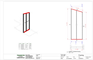 CLOSET
0"
4'-23/8"
0"
4'-23/8"
11'-31/2"
10'-01/2"
T0
T1
C1 C0
C2
0"
1'-111/4"
4' - 4 1/2"
Lbl Qty Member Length W(lbs)
C0 1 600S162-33 10' 8" 13.1283
C1 1 600S162-33 11' 2 3/4" 13.8223
C2 1 600S162-33 10' 0 1/2" 12.3632
T0 1 600T125-33 4' 4 7/8" 4.531
T1 1 600T125-33 4' 2 3/8" 4.3197
- - Grand Total: 48.1645
- - Diagonal Length: 10' 10 7/8" 4' - 2 3/8"
Scale
Project number
DateDrawn by Size
11X17
TRANSCON
Drawing number
Checked By
STEEL
FRAMING THE FUTURE
PO Box 2892
Austin, TX 78755 USA
+1-512-642-3989 office
+1-512-777-5987 fax
Sales@TransconSteel.com
Approved By
As indicated 1IntNLB-7
Framing14-137
10/30/2014GMJ
GMJ
Approver
1/2" = 1'-0"
4
1IntNLB-7-TopView-Framing
 