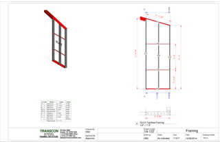 3'-01/4"4'-0"
0"
3'-93/4"
11'-01/4"
T1
T2
C1
T0
T0
C0
C2
0"
1'-111/2"
3'-95/8"
9'-11"
3' - 11 1/2"
Lbl Qty Member Length W(lbs)
C0 1 600S162-33 10' 4 3/4" 12.7991
C1 1 600S162-33 10' 11 5/8" 13.5006
C2 1 600S162-33 9' 10 3/4" 12.1837
CC0 4 600T125-43(33) 0' 5 3/4" 2.5699
CP0 6 325L150x150-54 0' 0" 0.9009
T0 2 150U50-54 3' 6 3/8" 3.2606
T1 1 600T125-43 3' 11 7/8" 5.3511
T2 1 600T125-43 3' 9 5/8" 5.098
- - Grand Total: 55.6639
- - Diagonal Length: 10' 7 1/2"
3' - 9 5/8"
Scale
Project number
DateDrawn by Size
11X17
TRANSCON
Drawing number
Checked By
STEEL
FRAMING THE FUTURE
PO Box 2892
Austin, TX 78755 USA
+1-512-642-3989 office
+1-512-777-5987 fax
Sales@TransconSteel.com
Approved By
As indicated 1Ext-5
Framing14-137
10/30/2014GMJ
GMJ
Approver
1/2" = 1'-0"
4
1Ext-5-TopView-Framing
 