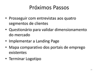 Próximos Passos
• Prosseguir com entrevistas aos quatro
  segmentos de clientes
• Questionário para validar dimensionamento
  do mercado
• Implementar a Landing Page
• Mapa comparativo dos portais de emprego
  existentes
• Terminar Logotipo

                                              14
 
