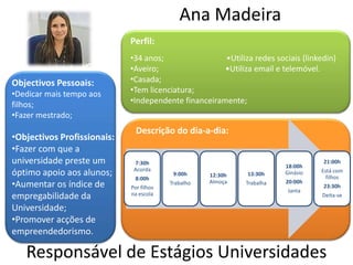 Ana Madeira
                             Perfil:
                             •34 anos;                •Utiliza redes sociais (linkedin)
                             •Aveiro;                 •Utiliza email e telemóvel.
Objectivos Pessoais:         •Casada;
•Dedicar mais tempo aos      •Tem licenciatura;
filhos;                      •Independente financeiramente;
•Fazer mestrado;
                               Descrição do dia-a-dia:
•Objectivos Profissionais:
•Fazer com que a
universidade preste um        7:30h
                                                                         18:00h
                                                                                   21:00h
                              Acorda
óptimo apoio aos alunos;                   9:00h     12:30h   13:30h     Ginásio   Está com
                                                                                     filhos
                              8:00h
•Aumentar os índice de       Por filhos
                                          Trabalho   Almoça   Trabalha   20:00h
                                                                                   23:30h
                                                                          Janta
                             na escola
empregabilidade da                                                                 Deita-se

Universidade;
•Promover acções de
empreendedorismo.

   Responsável de Estágios Universidades
 