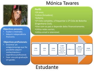 Mónica Tavares
                                 Perfil:
                                 •24 anos;
                                 •Lisboa (Amadora);
                                 •Solteira;
                                 •1º Ciclo completo, a frequentar o 2º Ciclo de Bolonha
                                 (Engenharia Civil);
                                 •Vive com os pais e depende deles financeiramente;
Objectivos pessoais:             •Utiliza redes sociais;
•   Acabar o mestrado;           •Utiliza email e telemóvel.
•   Adquirir independência
    financeira.

Objectivos profissionais:
•   Encontrar um                                                 15:00h
                                                                                                    20:00h
    estágio/emprego que lhe     7:00h      8:30h     13:00h
                                                                TV, utiliza                     Janta em casa    24:00h
                                                                 internet
    possibilite adquirir        Acorda     Aulas     Almoço   (redes sociais,
                                                                                17:00h Estuda     e vai beber
                                                                                                   café com     vai dormir
                                                                 sites de
    conhecimentos e                                           emprego, etc)
                                                                                                    amigos

    experiência profissional;
•   Fazer uma pós-graduação
    em gestão.



                                  Estudante
 