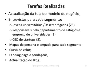 Tarefas Realizadas
• Actualização da tela do modelo de negócio;
• Entrevistas para cada segmento:
    o Jovens universitários /Desempregados (25);
    o Responsáveis pelo departamento de estágios e
      emprego de universidades (2);
    o CEO de startups (2).
•   Mapas de persona e empatia para cada segmento;
•   Curva de valor;
•   Landing page e sondagens;
•   Actualização do Blog.
                   (http://interns4ustartup.wordpress.com)   18
 