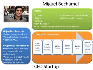 Miguel Bechamel
                             Perfil:
                             •31 anos;                •Utiliza redes sociais; (linkedin)
                             •Lisboa;                 •Utiliza email e telemóvel.
                             •Solteiro;
                             •Tem mestrado;
                             •Vive sozinho e independente financeiramente;

Objectivos Pessoais:
•Conhecer outras culturas;    Descrição do dia-a-dia:
•Aprender chinês e alemão;
•Fazer um MBA.
                                                                                   23:00h
                             6:30h
                                         9:00h
•Objectivos Profissionais:   Acorda
                                       Trabalho:
                                                   13:30h     15:00h    21:30h
                                                                                  Cinema /
                                                                                   Teatro
•Fazer com que a empresa      7:20h
                                       Reuniões
                                                   Almoça    Trabalha    Janta
                                                                                   00:30h
                             Ginásio
recrute os melhores                                                                Deita-se
profissionais;
•Aumentar a produtividade;
•Promover um bom
ambiente de trabalho.

                             CEO Startup
 