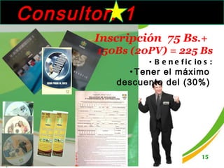 Consultor. 1 estrella Inscripción  75 Bs .+  150Bs (20PV) = 225 Bs Beneficios: Tener el máximo  descuento del (30%)   