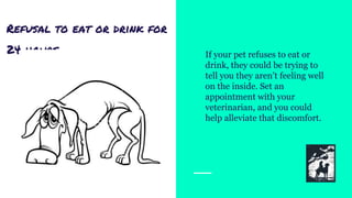 Refusal to eat or drink for
24 hours If your pet refuses to eat or
drink, they could be trying to
tell you they aren’t feeling well
on the inside. Set an
appointment with your
veterinarian, and you could
help alleviate that discomfort.
 
