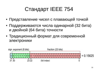 10
Стандарт IEEE 754
sign exponent (8 bits) fraction (23 bits)
02331
0 0 1 1 1 1 1 0 0 0 1 0 0 0 0 0 0 0 0 0 0 0 0 0 0 0 0 0 0 0 0 0 = 0.15625
30 22 (bit index)
● Представление чисел с плавающей точкой
● Поддерживаются числа одинарной (32 бита)
и двойной (64 бита) точности
● Традиционный формат для современной
электроники
 