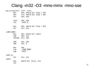55
Clang -m32 -O3 -mno-mmx -mno-sse
sum_array(int*, int*, int):
mov edx, dword ptr [esp + 24]
mov ecx, dword ptr [esp + 20]
xor eax, eax
test edx, edx
jle .EXIT_0
mov edi, dword ptr [esp + 16]
xor esi, esi
.LOOP_BODY:
mov ebx, dword ptr [edi]
cmp ebx, esi
cmovge esi, ebx
add eax, ebx
add edi, 4
dec edx
jne .LOOP_BODY
jmp .EXIT
.EXIT_0:
xor esi, esi
.EXIT:
mov dword ptr [ecx], esi
ret
 