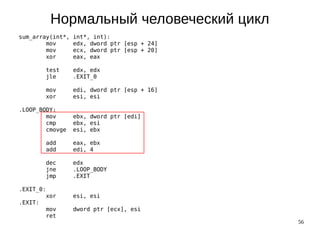 56
Нормальный человеческий цикл
sum_array(int*, int*, int):
mov edx, dword ptr [esp + 24]
mov ecx, dword ptr [esp + 20]
xor eax, eax
test edx, edx
jle .EXIT_0
mov edi, dword ptr [esp + 16]
xor esi, esi
.LOOP_BODY:
mov ebx, dword ptr [edi]
cmp ebx, esi
cmovge esi, ebx
add eax, ebx
add edi, 4
dec edx
jne .LOOP_BODY
jmp .EXIT
.EXIT_0:
xor esi, esi
.EXIT:
mov dword ptr [ecx], esi
ret
 