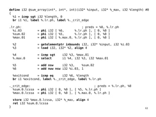 61
define i32 @sum_array(int*, int*, int)(i32* %input, i32* %_max, i32 %length) #0
{
%1 = icmp sgt i32 %length, 0
br i1 %1, label %.lr.ph, label %._crit_edge
.lr.ph: ; preds = %0, %.lr.ph
%i.03 = phi i32 [ %6, %.lr.ph ], [ 0, %0 ]
%sum.02 = phi i32 [ %5, %.lr.ph ], [ 0, %0 ]
%max.01 = phi i32 [ %.max.0, %.lr.ph ], [ 0, %0 ]
%2 = getelementptr inbounds i32, i32* %input, i32 %i.03
%3 = load i32, i32* %2, align 4
%4 = icmp sgt i32 %3, %max.01
%.max.0 = select i1 %4, i32 %3, i32 %max.01
%5 = add nsw i32 %3, %sum.02
%6 = add nuw nsw i32 %i.03, 1
%exitcond = icmp eq i32 %6, %length
br i1 %exitcond, label %._crit_edge, label %.lr.ph
._crit_edge: ; preds = %.lr.ph, %0
%sum.0.lcssa = phi i32 [ 0, %0 ], [ %5, %.lr.ph ]
%max.0.lcssa = phi i32 [ 0, %0 ], [ %.max.0, %.lr.ph ]
store i32 %max.0.lcssa, i32* %_max, align 4
ret i32 %sum.0.lcssa
}
 