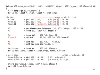 69
define i32 @sum_array(int*, int*, int)(i32* %input, i32* %_max, i32 %length) #0
{
%1 = icmp sgt i32 %length, 0
br i1 %1, label %.lr.ph, label %._crit_edge
.lr.ph: ; preds = %0, %.lr.ph
%i.03 = phi i32 [ %6, %.lr.ph ], [ 0, %0 ]
%sum.02 = phi i32 [ %5, %.lr.ph ], [ 0, %0 ]
%max.01 = phi i32 [ %.max.0, %.lr.ph ], [ 0, %0 ]
%2 = getelementptr inbounds i32, i32* %input, i32 %i.03
%3 = load i32, i32* %2, align 4
%4 = icmp sgt i32 %3, %max.01
%.max.0 = select i1 %4, i32 %3, i32 %max.01
%5 = add nsw i32 %3, %sum.02
%6 = add nuw nsw i32 %i.03, 1
%exitcond = icmp eq i32 %6, %length
br i1 %exitcond, label %._crit_edge, label %.lr.ph
._crit_edge: ; preds = %.lr.ph, %0
%sum.0.lcssa = phi i32 [ 0, %0 ], [ %5, %.lr.ph ]
%max.0.lcssa = phi i32 [ 0, %0 ], [ %.max.0, %.lr.ph ]
store i32 %max.0.lcssa, i32* %_max, align 4
ret i32 %sum.0.lcssa
}
 