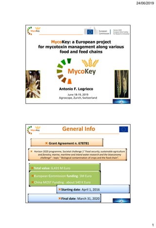24/06/2019
1
Antonio F. Logrieco
MycoKey: a European project
for mycotoxin management along various
food and feed chains
General Info
 Grant Agreement n. 678781
Total value: 6,431 M Euro
European Commission funding: 5M Euro
China MOST Funding : about 540 K Euro
Starting date: April 1, 2016
Final date: March 31, 2020
 Horizon 2020 programme, Societal challenge 2 "Food security, sustainable agriculture
and forestry, marine, maritime and inland water research and the bioeconomy
challenge" - topic “ Biological contamination of crops and the food chain”.
 