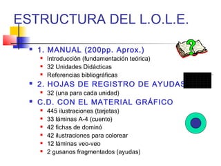 ESTRUCTURA DEL L.O.L.E.
 1. MANUAL (200pp. Aprox.)
 Introducción (fundamentación teórica)
 32 Unidades Didácticas
 Referencias bibliográficas
 2. HOJAS DE REGISTRO DE AYUDAS
 32 (una para cada unidad)
 C.D. CON EL MATERIAL GRÁFICO
 445 ilustraciones (tarjetas)
 33 láminas A-4 (cuento)
 42 fichas de dominó
 42 ilustraciones para colorear
 12 láminas veo-veo
 2 gusanos fragmentados (ayudas)
 