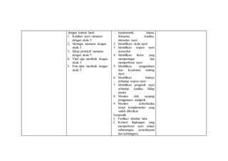 dengan kriteria hasil:
1. Keluhan nyeri menurun
dengan skala 5
2. Meringis menurun dengan
skala 5
3. Sikap protektif menurun
dengan skala 5
4. Vital sign membaik dengan
skala 5
5. Pola tidur membaik dengan
skala 5
karakteristik, durasi,
frekuensi, kualitas,
intensitas nyeri
2. Identifikasi skala nyeri
3. Identifikasi respon nyeri
nonverbal
4. Identifikasi factor yang
memperingan dan
memperberat nyeri
5. Identifikasi pengetahuan
dan keyakinan tentang
nyeri
6. Identifikasi budaya
terhadap respon nyeri
7. Identifikasi pengaruh nyeri
terhadap kualitas hidup
pasien
8. Monitor efek samping
penggunaan analgetik
9. Monitor keberhasilan
terapi komplementer yang
sudah diberikan
Terapeutik
1. Fasilitasi istirahat tidur
2. Kontrol lingkungan yang
memperberat nyeri (misal:
suhuruangan, pencahayaan
dan kebisingan).
 
