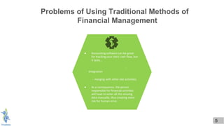 ● Accounting software can be great
for tracking your site's cash flow, but
it lacks...
-
integration
- merging with other site activities;
● As a consequence, the person
responsible for financial activities
will have to enter all this missing
data manually, thus creating more
risk for human error.
5
Problems of Using Traditional Methods of
Financial Management
 