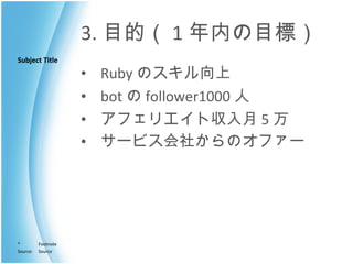 3. 目的（ 1 年内の目標） Ruby のスキル向上 bot の follower1000 人 アフェリエイト収入月 5 万 サービス会社からのオファー 