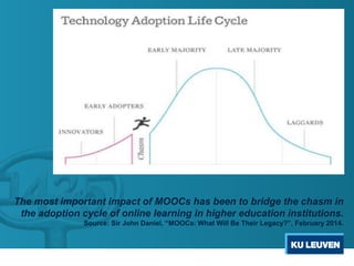 The most important impact of MOOCs has been to bridge the chasm in
the adoption cycle of online learning in higher education institutions.
Source: Sir John Daniel, “MOOCs: What Will Be Their Legacy?”, February 2014.
 