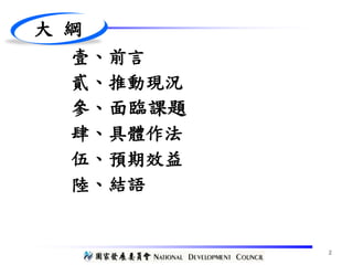 大 綱
壹、前言
貳、推動現況
參、面臨課題
肆、具體作法
伍、預期效益
陸、結語
2
 