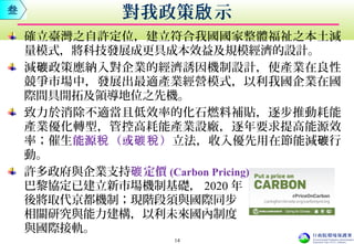 確立臺灣之自許定位，建立符合我國國家整體福祉之本土減
量模式，將科技發展成更具成本效益及規模經濟的設計。
減 政策應納入對企業的經濟誘因機制設計，使產業在良性碳
競爭市場中，發展出最適產業經營模式，以利我國企業在國
際間具開拓及領導地位之先機。
致力於消除不適當且低效率的化石燃料補貼，逐步推動耗能
產業優化轉型，管控高耗能產業設廠，逐年要求提高能源效
率；催生能源 （或 ）稅 碳稅 立法，收入優先用在節能減 行碳
動。
許多政府與企業支持 定價碳 (Carbon Pricing) ，
巴黎協定已建立新市場機制基礎， 2020 年
後將取代京都機制；現階段須與國際同步
相關研究與能力建構，以利未來國內制度
與國際接軌。
對我政策 示啟叁
14
 