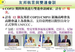 友邦執言與雙邊會談
COP21 期間與我進行雙邊會談國家，計有 17 場
次。
計有 12 個友邦於 COP21/CMP11 領袖高峰會及
高階會議上為我執言，支持臺灣應以觀察員身分
正式參與 UNFCCC 。
 包括：貝里斯、聖克里斯多福及尼維斯、巴拉圭、尼加
拉瓜、宏都拉斯、帛琉、諾魯、吉里巴斯、馬紹爾群島
、索羅門群島、吐瓦魯、史瓦濟蘭等。
肆
20
President Christopher Loeak,
Marshall Islands
President Anote Tong,
Kiribati
Prime Minister
Barnabas Dlamini, Swaziland
Prime Minister
Enele Sosene Sopoaga, Tuvalu
 