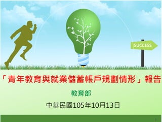 中華民國105年10月13日
SUCCESS
「青年教育與就業儲蓄帳戶規劃情形」報告
1
 