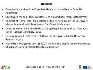 539913-LLP-1-2013-1-TR-LEONARDO-LMP
Quellen:
• Caregiver's Handbook: A Complete Guide to Home Health Care, DK
Publishing
• Caregiver's Manual, The. Williams, Gene B. and Kay, Patie. Citadel Press
• Comfort of Home, The: An Illustrated Step-by-Step Guide for Caregivers.
Meyer, Maria M. with Derr, Paula. CareTrust Publications
• Dying at Home: A Family Guide to Caregiving. Sankar, Andrea. New York:
Johns Hopkins University Press
• Helping Yourself Help Others: A Book for Caregivers. Carter, Rosalynn.
Random House
• World Health Organisation (1980), A manual relating to the consequences
of disease. Geneva, World Health Organisation
 