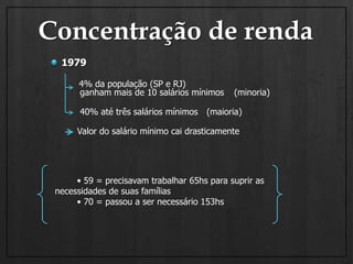 Concentração de renda19794% da população (SP e RJ)  ganham mais de 10 salários mínimos(minoria)40% até três salários mínimos(maioria)Valor do salário mínimo cai drasticamente         • 59 = precisavam trabalhar 65hs para suprir as necessidades de suas famílias        • 70 = passou a ser necessário 153hs