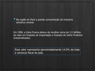 Na região do Pará a grande concentração de Industria extrativa mineral.Em 1998, a Zona Franca deixou de recolher cerca de 2,5 bilhõesde reais em Imposto de Importação e Imposto de Sobre Produtos Industrializados. Esse valor representa aproximadamente 14,5% de toda a renúncia fiscal do país.
