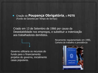 Criação da Poupança Obrigatória, o FGTS(Fundo de Garantia por Tempo de Serviço) Criado em 13 de Setembro de 1966 por causa da Desestabilidade nos empregos, e substituir a indenização aos trabalhadores demitidos. Novamente regulamentado em 1990, Carteira de trabalho e previdência Governo utilizaria os recursos do fundo para o financiamento projetos do governo, inicialmente casas populares.