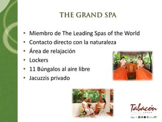•   Miembro de The Leading Spas of the World
•   Contacto directo con la naturaleza
•   Área de relajación
•   Lockers
•   11 Búngalos al aire libre
•   Jacuzzis privado
 