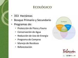 • 353 Hectáreas
• Bosque Primario y Secundario
• Programas de:
  •   Protección de Flora y Fauna
  •   Conservación de Agua
  •   Reducción de Uso de Energía
  •   Programa de Compras
  •   Manejo de Residuos
  •   Reforestación
 