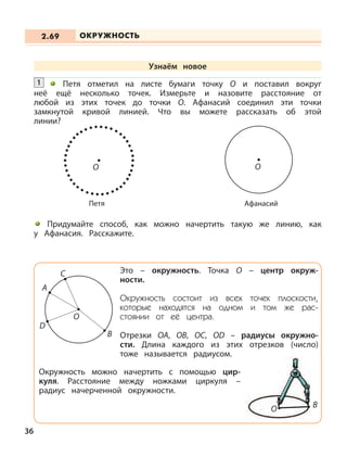 Петя отметил на листе бумаги точку О и поставил вокруг
неё ещё несколько точек. Измерьте и назовите расстояние от
любой из этих точек до точки О. Афанасий соединил эти точки
замкнутой кривой линией. Что вы можете рассказать об этой
линии?
1
O
ОКРУЖНОСТЬ2.69
O
Петя Афанасий
Придумайте способ, как можно начертить такую же линию, как
у Афанасия. Расскажите.
O
C
A
Это – окружность. Точка О – центр окруж-
ности.
Окружность состоит из всех точек плоскости,
которые находятся на одном и том же рас-
стоянии от её центра.
Отрезки OA, OB, OC, OD – радиусы окружно-
сти. Длина каждого из этих отрезков (число)
тоже называется радиусом.
D
B
Окружность можно начертить с помощью цир-
куля. Расстояние между ножками циркуля –
радиус начерченной окружности.
36
O B
Узнаём новое
 