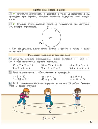 37
Начертите окружность с центром в точке А радиусом 3 см.
Проведите три отрезка, которые являются радиусами этой окруж-
ности.
2
Назовите точки, которые лежат на окружности, вне окружно-
сти, внутри окружности.
3
D
С
K
O
Как вы думаете, какие точки ближе к центру, а какие – даль-
ше от него?
Спишите. Вставьте пропущенные знаки действий « · » или « : »
так, чтобы получились верные равенства.
4
63 7 2 = 18
4 4 8 = 2
6 2 3 = 4
24 6 2 = 2
35 35 8 = 8
9 0 7 = 0
Решите уравнения с объяснением и проверкой.5
x · 5 = 10
x + 63 = 81
49 : y = 7
42 – y = 27
a : 9 = 6
k – 44 = 36
За 3 одинаковые ёлочные игрушки заплатили 24 рубля. Сколько
стоят 7 таких игрушек?
6
К.
ВК = КП
П.В.
Применяем новые знания
Выбираем задания и тренируемся
 