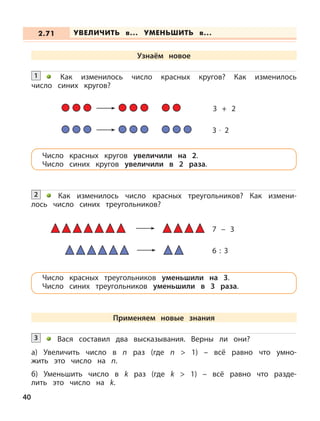 Как изменилось число красных кругов? Как изменилось
число синих кругов?
1
Как изменилось число красных треугольников? Как измени-
лось число синих треугольников?
2
3 + 2
3 · 2
7 – 3
6 : 3
Вася составил два высказывания. Верны ли они?
а) Увеличить число в n раз (где n > 1) – всё равно что умно-
жить это число на n.
б) Уменьшить число в k раз (где k > 1) – всё равно что разде-
лить это число на k.
3
УВЕЛИЧИТЬ в... УМЕНЬШИТЬ в...2.71
Число красных кругов увеличили на 2.
Число синих кругов увеличили в 2 раза.
Число красных треугольников уменьшили на 3.
Число синих треугольников уменьшили в 3 раза.
Применяем новые знания
40
Узнаём новое
 