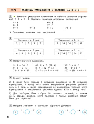 44
Замените умножение сложением и найдите значения выраже-
ний 8 · 8 и 9 · 9. Назовите значения остальных выражений.
1
8 · 8
8 · 9
9 · 9
64 : 8
72 : 8
81 : 9 72 : 99 · 8
Запомните значения этих выражений.
2
Увеличьте в 9 раз
2 5 3 4 7
Уменьшите в 8 раз
8 24 16 32 48
Увеличьте в 8 раз
6 9 7 3 4
Уменьшите в 9 раз
18 36 27 54 72
Найдите значения выражений.3
9 : 9 + 24 : 8
0 · 8 + 7 · 6
72 · 1 : 9 + 17
30 : 5 – 0 : 6
21 – 64 : 8 : 4
100 – (56 – 48) · 5
48 : 8 + 7 · (72 : 8)
8 · 7 + (2 · 9) : 3
(7 · 7) : (5 · 5 + 6 · 4)
Решите задачи.
а) В июне Катя сделала 8 рисунков акварелью и 10 рисунков
карандашом. К концу лета число акварельных рисунков увеличи-
лось в 3 раза, а число карандашных не изменилось. Сколько всего
карандашных и акварельных рисунков сделала Катя к концу лета?
б) Для гербария Петя собрал 18 полевых растений, а лесных
на 6 больше. Сколько всего полевых и лесных растений собрал
Петя для гербария?
4
Найдите значения х, совершая обратные действия.5
x
· 3 : 9
2 x
: 3 · 9
45
ТАБЛИЦА УМНОЖЕНИЯ и ДЕЛЕНИЯ на 8 и 92.73
 