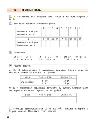52
Расскажите, при делении каких чисел в частном получается
8; 9.
1
Заполните таблицы. Работайте устно.2
Увеличить в 9 раз
Увеличить на 9
с 1 2 3 4 5 6 7 8 9
Уменьшить в 9 раз
Уменьшить на 9
d 9 81 54 45 27 63 36 72 18
Вычислите.3
81 : (14 – 5) · 7
0 · (6 · 6) + 4 : 4
54 – 54 : 6 + 19
5 + 5 · 6 – 17
(15 : 3) – 49 : (7 · 7)
3 · 6 : 9 + 0 : 8
Решите задачи.4
а) На 24 рубля купили 8 одинаковых открыток. Сколько таких же
открыток можно купить на 15 рублей?
Цена Количество Стоимость
Одинаковая
8 шт.
? шт.
24 р.
15 р.
Цена Количество Стоимость
б) За 4 одинаковых карандаша заплатили 12 рублей. Сколько таких
же карандашей можно купить на 18 рублей?
Площадь прямоугольника равна 32 см2. Площадь квадрата в
8 раз меньше. Начертите этот квадрат.
5
РЕШЕНИЕ ЗАДАЧ2.77
 