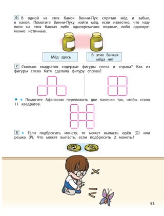 53
В одной из этих банок Винни-Пух спрятал мёд и забыл,
в какой. Помогите Винни-Пуху найти мёд, если известно, что над-
писи на этих банках либо одновременно ложные, либо одновре-
менно истинные.
6
Сколько квадратов содержат фигуры слева и справа? Как из
фигуры слева Катя сделала фигуру справа?
7
Если подбросить монету, то может выпасть орёл (О) или
решка (Р). Что может выпасть, если подбросить 2 монеты?
8
Мёд здесь
В этих банках
мёда нет
Помогите Афанасию переложить две палочки так, чтобы стало
11 квадратов.
 