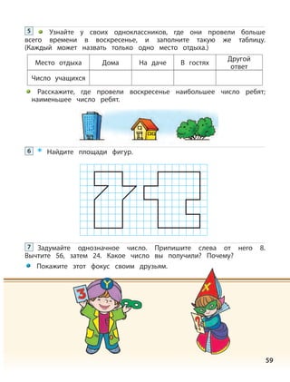 59
Узнайте у своих одноклассников, где они провели больше
всего времени в воскресенье, и заполните такую же таблицу.
(Каждый может назвать только одно место отдыха.)
5
Место отдыха
Число учащихся
Дома На даче В гостях
Другой
ответ
Расскажите, где провели воскресенье наибольшее число ребят;
наименьшее число ребят.
Найдите площади фигур.6
Задумайте однозначное число. Припишите слева от него 8.
Вычтите 56, затем 24. Какое число вы получили? Почему?
Покажите этот фокус своим друзьям.
7
 