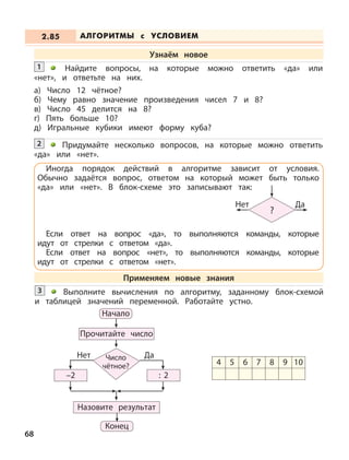 68
Найдите вопросы, на которые можно ответить «да» или
«нет», и ответьте на них.
а) Число 12 чётное?
б) Чему равно значение произведения чисел 7 и 8?
в) Число 45 делится на 8?
г) Пять больше 10?
д) Игральные кубики имеют форму куба?
1
Придумайте несколько вопросов, на которые можно ответить
«да» или «нет».
2
–2 : 2
Конец
Выполните вычисления по алгоритму, заданному блок-схемой
и таблицей значений переменной. Работайте устно.
3
4 5 6 7 8 9 10
Начало
Число
чётное?
Нет Да
АЛГОРИТМЫ с УСЛОВИЕМ2.85
Прочитайте число
Назовите результат
Иногда порядок действий в алгоритме зависит от условия.
Обычно задаётся вопрос, ответом на который может быть только
«да» или «нет». В блок-схеме это записывают так:
Если ответ на вопрос «да», то выполняются команды, которые
идут от стрелки с ответом «да».
Если ответ на вопрос «нет», то выполняются команды, которые
идут от стрелки с ответом «нет».
?
Нет Да
Применяем новые знания
Узнаём новое
 