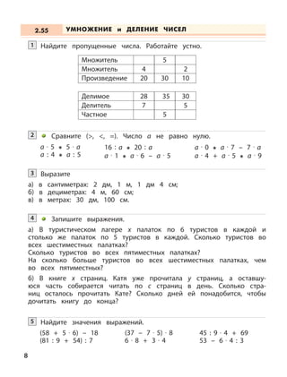 8
Найдите пропущенные числа. Работайте устно.1
Множитель
Множитель
Произведение
4
20
5
30
2
10
Делимое
Делитель
Частное
28
7
35
5
30
5
Сравните (>, <, =). Число а не равно нулю.2
a · 5 5 · a
a : 4 a : 5
16 : a 20 : a
a · 1 a · 6 – a · 5
a · 0 a · 7 – 7 · a
a · 4 + a · 5 a · 9
Выразите
а) в сантиметрах: 2 дм, 1 м, 1 дм 4 см;
б) в дециметрах: 4 м, 60 см;
в) в метрах: 30 дм, 100 см.
3
Запишите выражения.
а) В туристическом лагере x палаток по 6 туристов в каждой и
столько же палаток по 5 туристов в каждой. Сколько туристов во
всех шестиместных палатках?
Сколько туристов во всех пятиместных палатках?
На сколько больше туристов во всех шестиместных палатках, чем
во всех пятиместных?
б) В книге х страниц. Катя уже прочитала у страниц, а оставшу-
юся часть собирается читать по с страниц в день. Сколько стра-
ниц осталось прочитать Кате? Сколько дней ей понадобится, чтобы
дочитать книгу до конца?
4
Найдите значения выражений.5
(58 + 5 · 6) – 18
(81 : 9 + 54) : 7
(37 – 7 · 5) · 8
6 · 8 + 3 · 4
45 : 9 · 4 + 69
53 – 6 · 4 : 3
УМНОЖЕНИЕ и ДЕЛЕНИЕ ЧИСЕЛ2.55
 