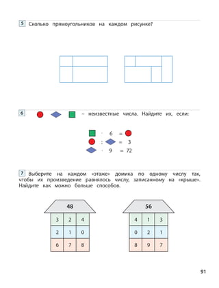 91
Сколько прямоугольников на каждом рисунке?5
– неизвестные числа. Найдите их, если:6
· 6 =
: = 3
· 9 = 72
Выберите на каждом «этаже» домика по одному числу так,
чтобы их произведение равнялось числу, записанному на «крыше».
Найдите как можно больше способов.
7
3 2 4
48
2 1 0
6 7 8
4 1 3
56
0 2 1
8 9 7
 