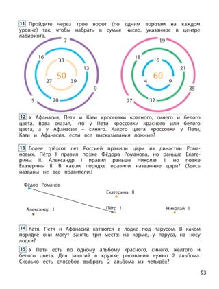 Пройдите через трое ворот (по одним воротам на каждом
уровне) так, чтобы набрать в сумме число, указанное в центре
лабиринта.
У Афанасия, Пети и Кати кроссовки красного, синего и белого
цвета. Вова сказал, что у Пети кроссовки красного или белого
цвета, а у Афанасия – синего. Какого цвета кроссовки у Пети,
Кати и Афанасия, если все высказывания ложные?
7
33
27 39
13
16
50
9
205
19
6
4 9
21
18
60
35
3227
Более трёхсот лет Россией правили цари из династии Рома-
новых. Пётр I правил позже Фёдора Романова, но раньше Екате-
рины II. Александр I правил раньше Николая I, но позже
Екатерины  II. В каком порядке правили названные цари? (Здесь
названы не все правители.)
Фёдор Романов
Александр I Пётр I
Екатерина II
Николай I
Катя, Петя и Афанасий катаются в лодке под парусом. В каком
порядке они могут занять три места: на корме, у паруса, на носу
лодки?
У Пети есть по одному альбому красного, синего, жёлтого и
белого цвета. Для занятий в кружке рисования нужно 2 альбома.
Сколько есть способов выбрать 2 альбома из четырёх?
93
11
12
13
14
15
 