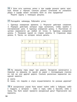 94
Разгадайте чайнворд. Работайте устно.
1. Единица измерения времени. 2. Результат действия сложения.
3. Порядок действий, которые надо выполнить, чтобы прийти к
поставленной цели. 4. Единица измерения длины. 5. Расстояние от
центра окружности до любой её точки. 6. Единица измерения
длины. 7. Название одной из сторон монеты. 8. Старинная мера
длины. 9. Число, на которое нельзя делить.
1 2 3
4
56
7 8
9
У Кати есть шапочка, кепка и три шарфа разного цвета: крас-
ный, белый и чёрный. Сколько разных сочетаний из головного
убора и шарфа может составить Катя из этих предметов?
Решите задачу с помощью рисунка.
В воскресенье утром Катя может пойти либо к бабушке, либо
к подруге, а вечером – либо в парк, либо в бассейн, либо в
театр. Как Катя может провести воскресный день? Перечислите все
варианты.
На вершину горы ведут три дороги. Экскурсия заключается в
подъёме на вершину по одной из дорог с последующим спуском
по той же или другой дороге. Сколько различных вариантов экс-
курсий имеется:
а) всего;
б) таких, что подъём и спуск осуществляются по разным дорогам?
16
17
18
19
 