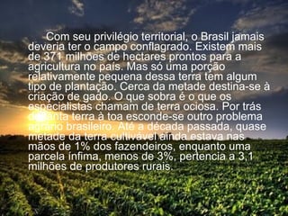 Com seu privilégio territorial, o Brasil jamais deveria ter o campo conflagrado. Existem mais de 371 milhões de hectares prontos para a agricultura no país. Mas só uma porção relativamente pequena dessa terra tem algum tipo de plantação. Cerca da metade destina-se à criação de gado. O que sobra é o que os especialistas chamam de terra ociosa. Por trás de tanta terra à toa esconde-se outro problema agrário brasileiro. Até a década passada, quase metade da terra cultivável ainda estava nas mãos de 1% dos fazendeiros, enquanto uma parcela ínfima, menos de 3%, pertencia a 3,1 milhões de produtores rurais. 